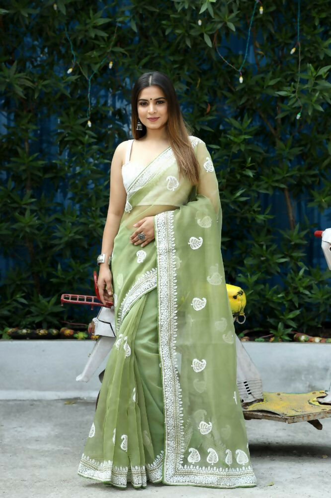 Vamsee Cotton Kerry Green Organza Saree