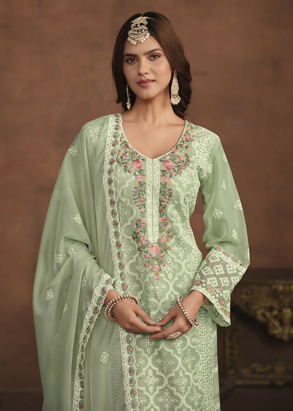 Mint Green Soft Organza Embroidered Festive Salwar Suit - Emponline