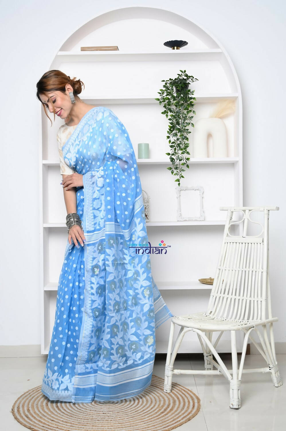 Very Much Indian Jamdhani Cotton Saree - Powder Blue