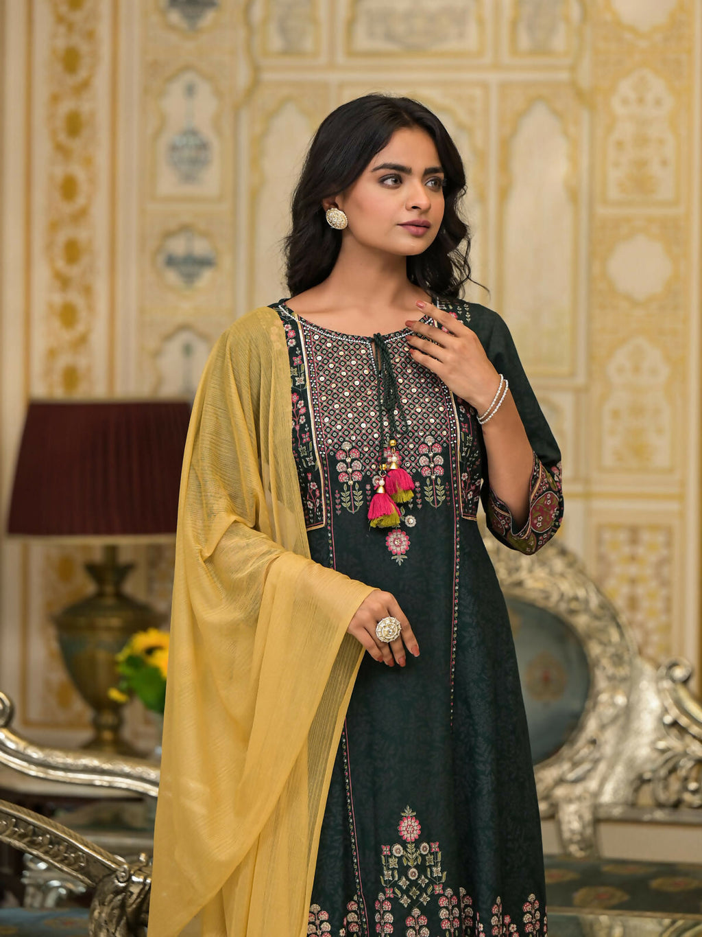 Juniper Women's Green Floral Printed Rayon Kurta Pant With Dupatta Set With Thread Work & Tassels