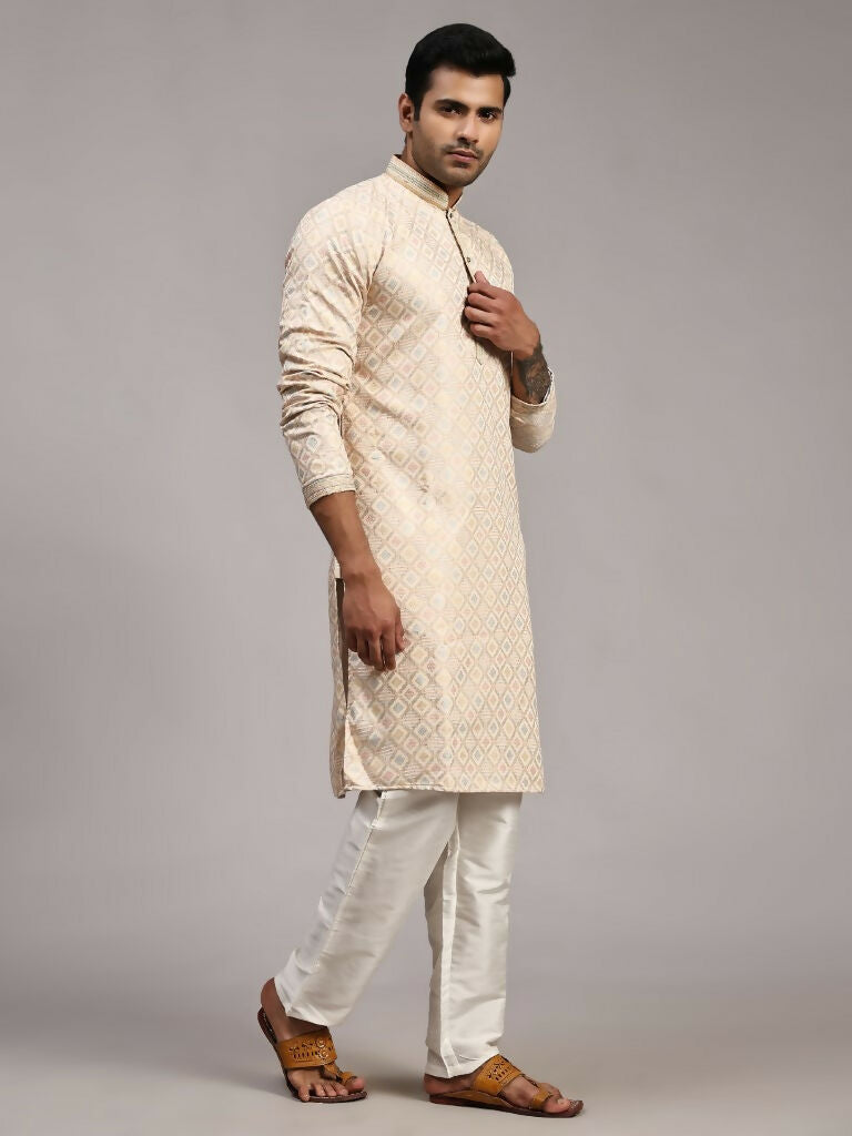 Cream Viscose Jacquard Woven Jacquard Designer Men's Rajwadi Kurta Set - Mahotsav