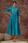 Juniper Women Teal Chanderi Silk Embroidered & Printed Anarkali Kurta