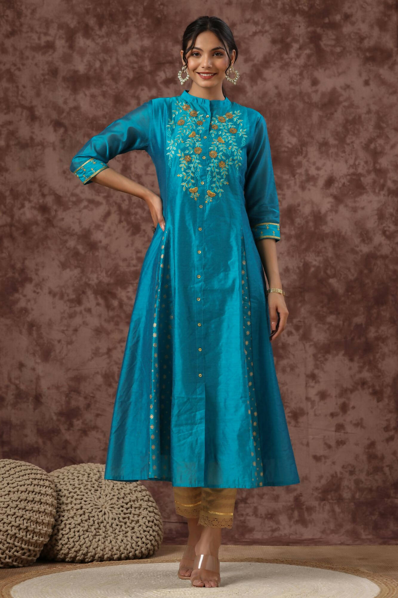 Juniper Women Teal Chanderi Silk Embroidered & Printed Anarkali Kurta