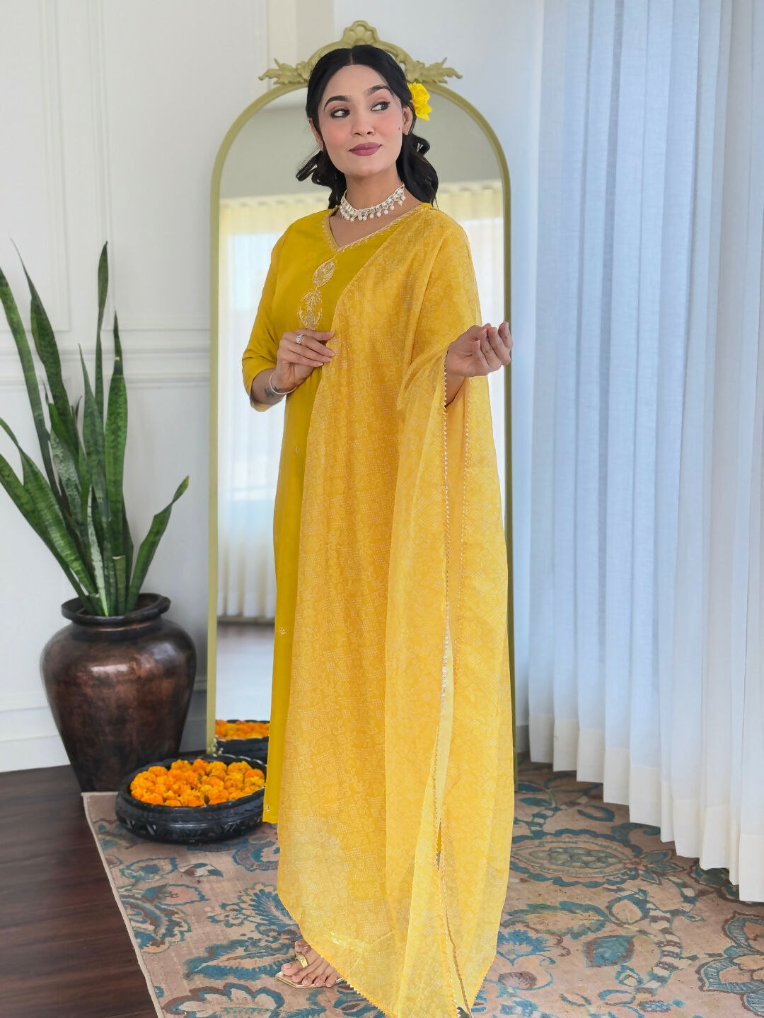 The52 Yellow Women's Beautiful Embroidered Rayon Fabric with Straight Kurta, Pant and Dupatta Set