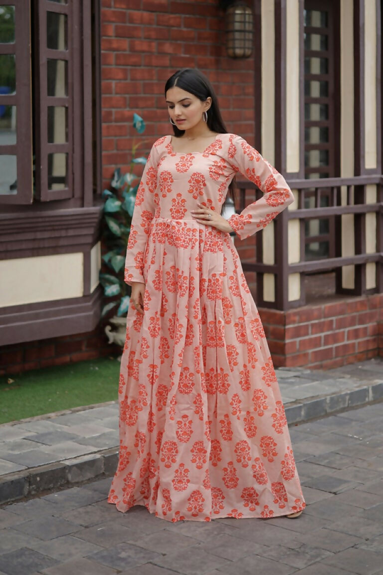 Jyoti Fashion Women's Peach Heavy Digital Printed Pure Chanderi Anarkali Dress