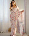 Cream Chinon Designer Digital Printed & Mirror Cut Work Saree - Kriti