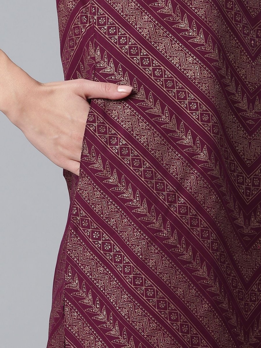 Ahalyaa Wine Crepe Glitter Print Kurta with Sharara and dupatta Set