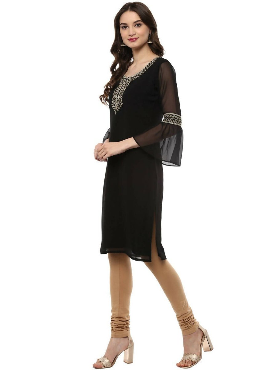 Ahalyaa Women's Black Georgette Glitter Print Kurta