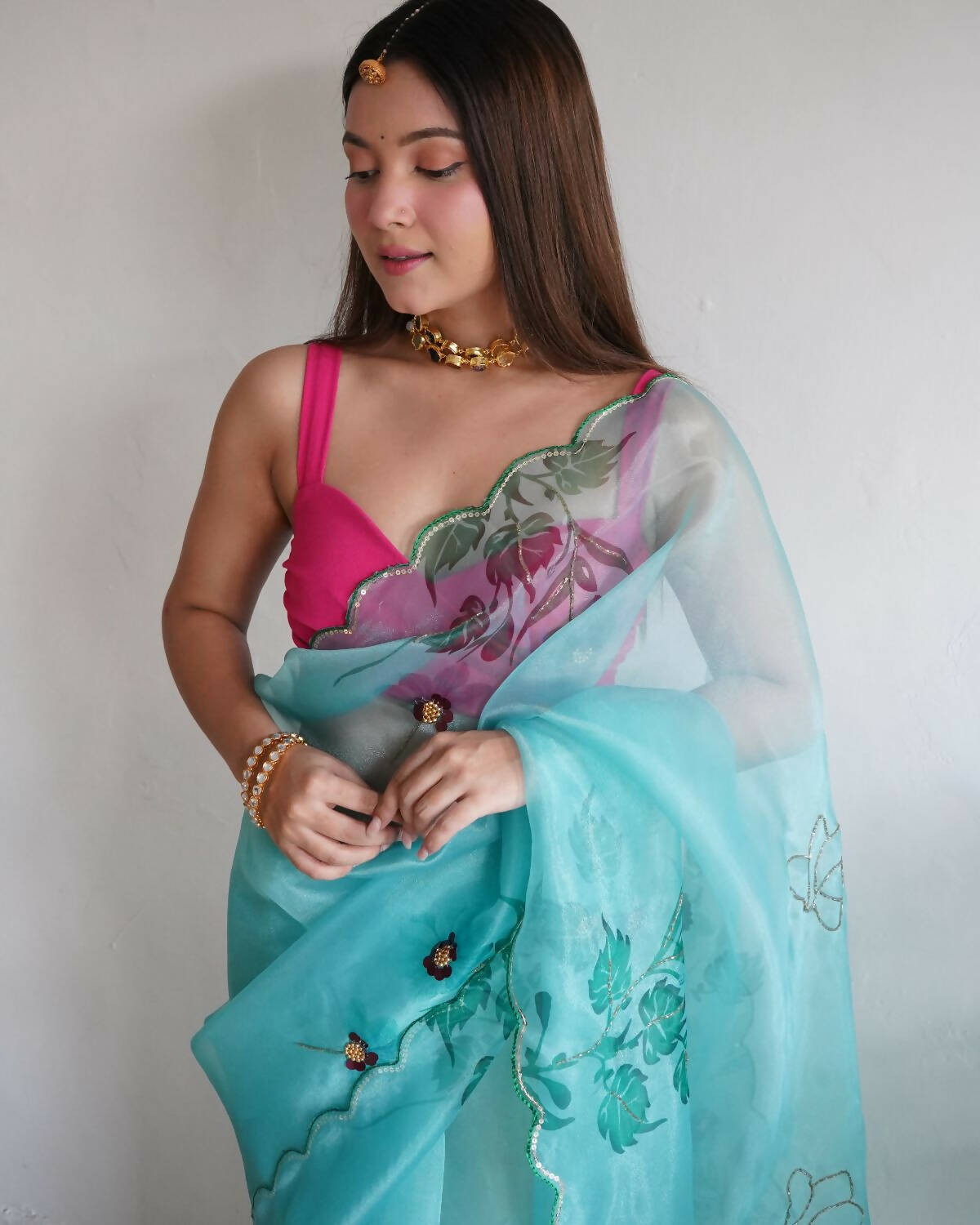 Vamsee Lime Green Organza Saree
