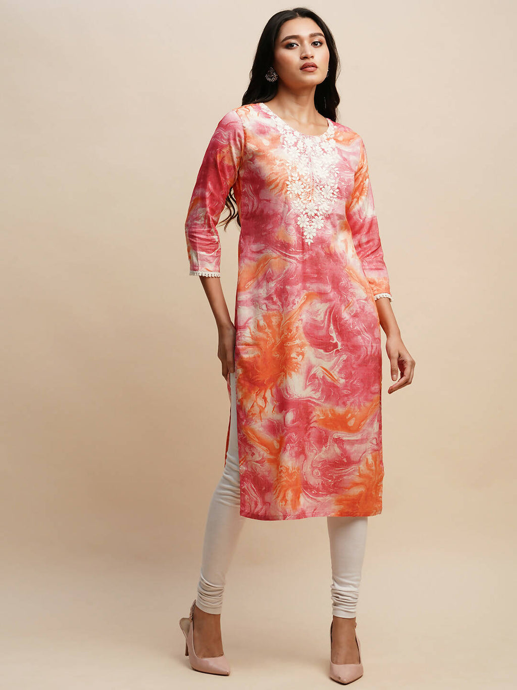 Pink Poly Rayon Tie dye Printed Straight Kurta - Samira