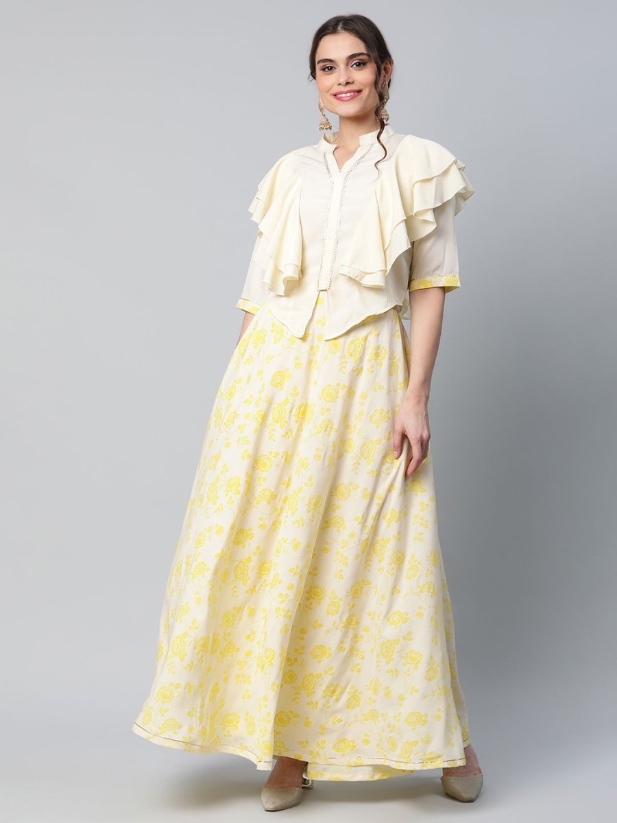 Ahalyaa Women Crepe Cream Solid Top with Printed Skirt with Ruffle Details
