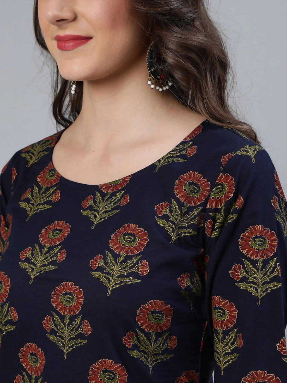 Vamika Printed Rayon Navy Blue Party Wear/Casual Wear Kurta Set/Suit