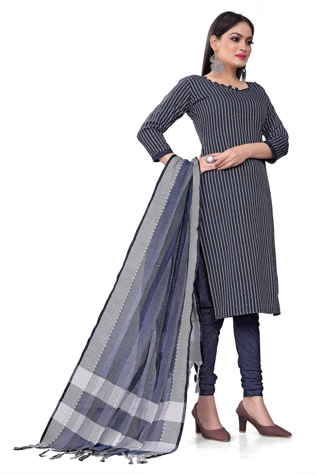 Blue Cotton Jacquard Woven Unstitched Dress Material - Amara
