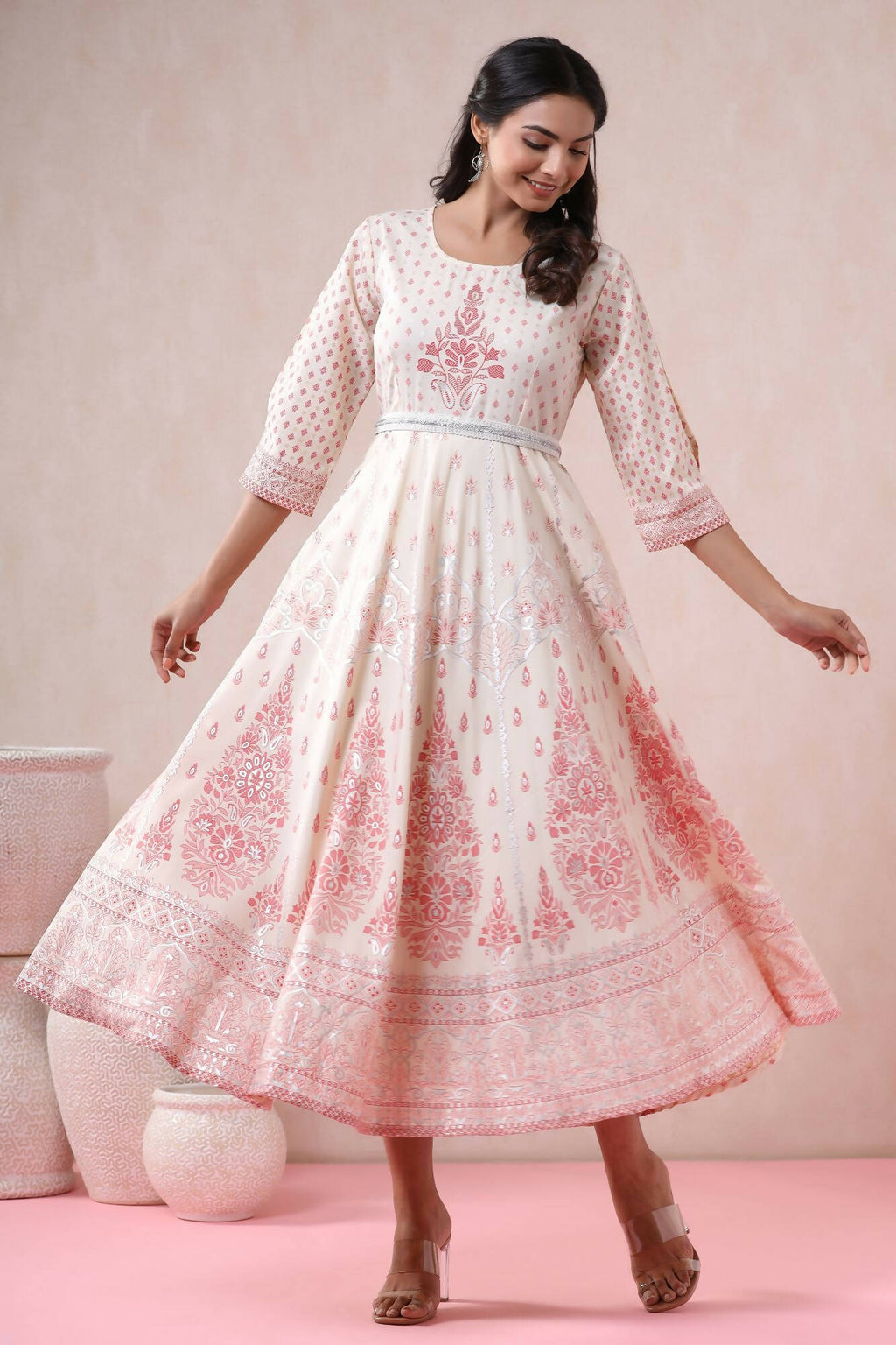 Juniper Women Ivory American Crepe Printed Flared Dress