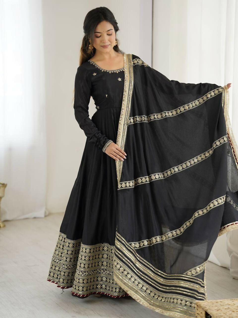 Teeya Creation Black Chinon Silk Gown