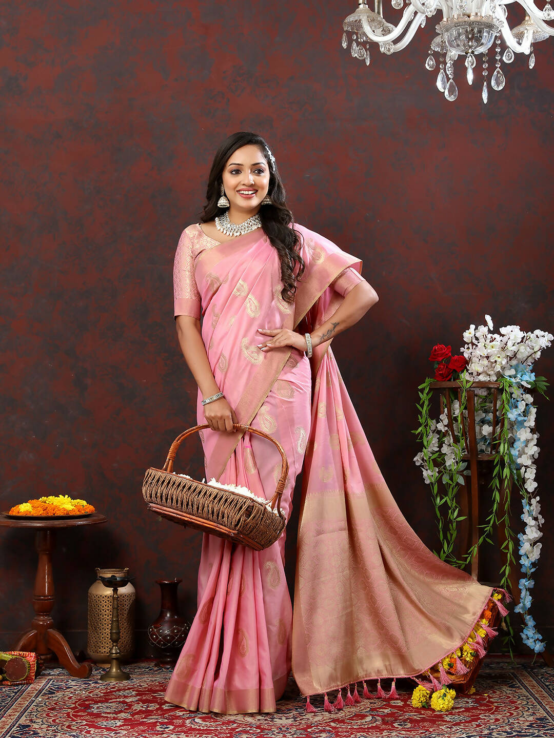 Lorenvalley Fashion Pink Cotton Woven Design with Zari Weaving Design Saree