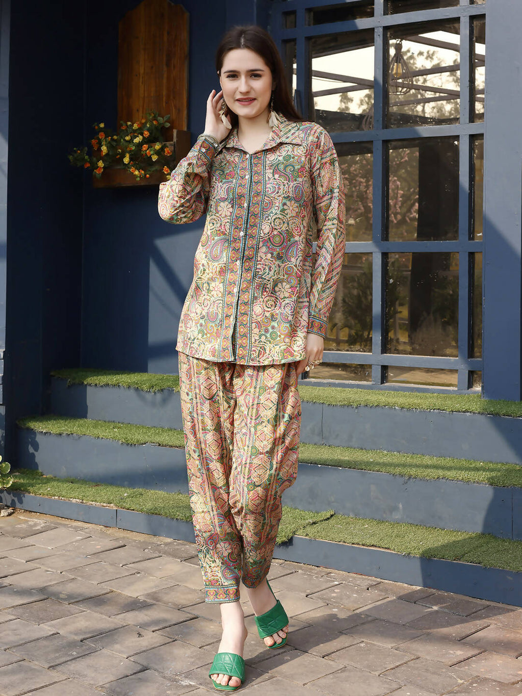 Orange & Green Rayon Paisley & Floral Printed Top with Matching Bottom - Eesha