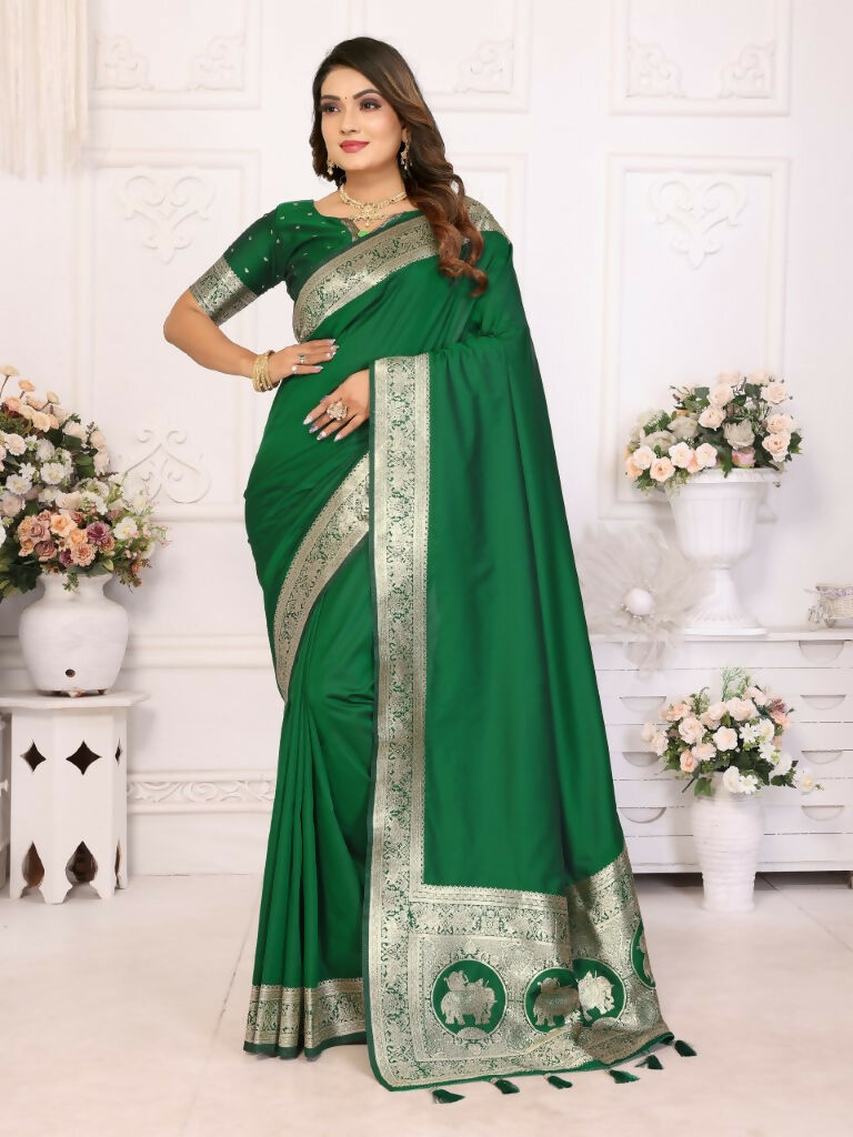 Anaita Dark Green Banarasi Silk With Beautiful Gala Weaving Saree With Blouse