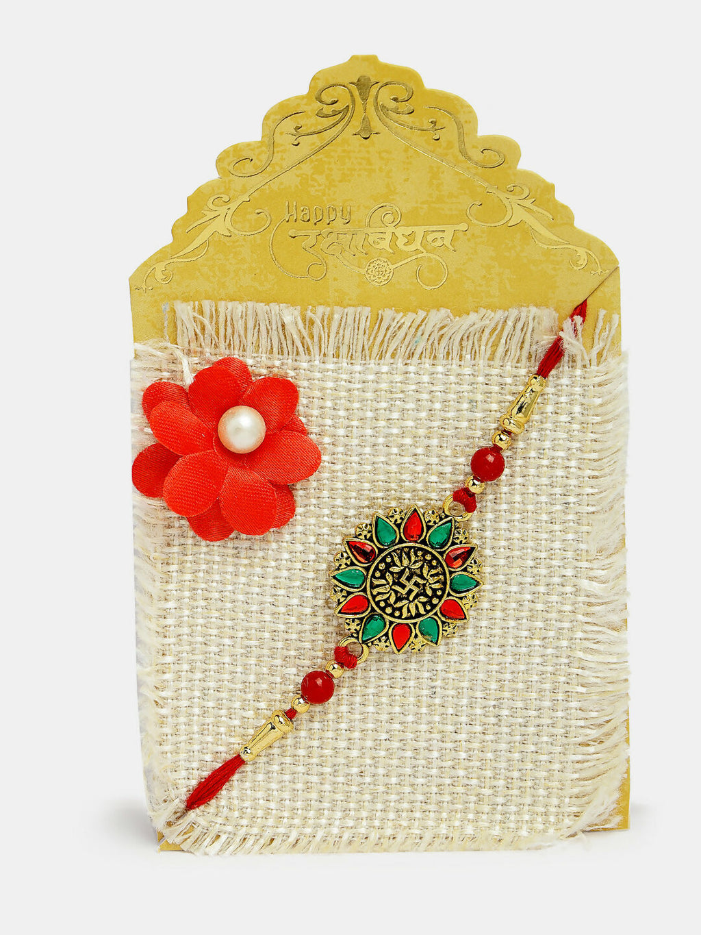 NVR Men Red & Gold-Toned Stone-Studded Rakhi With Roli Chawal