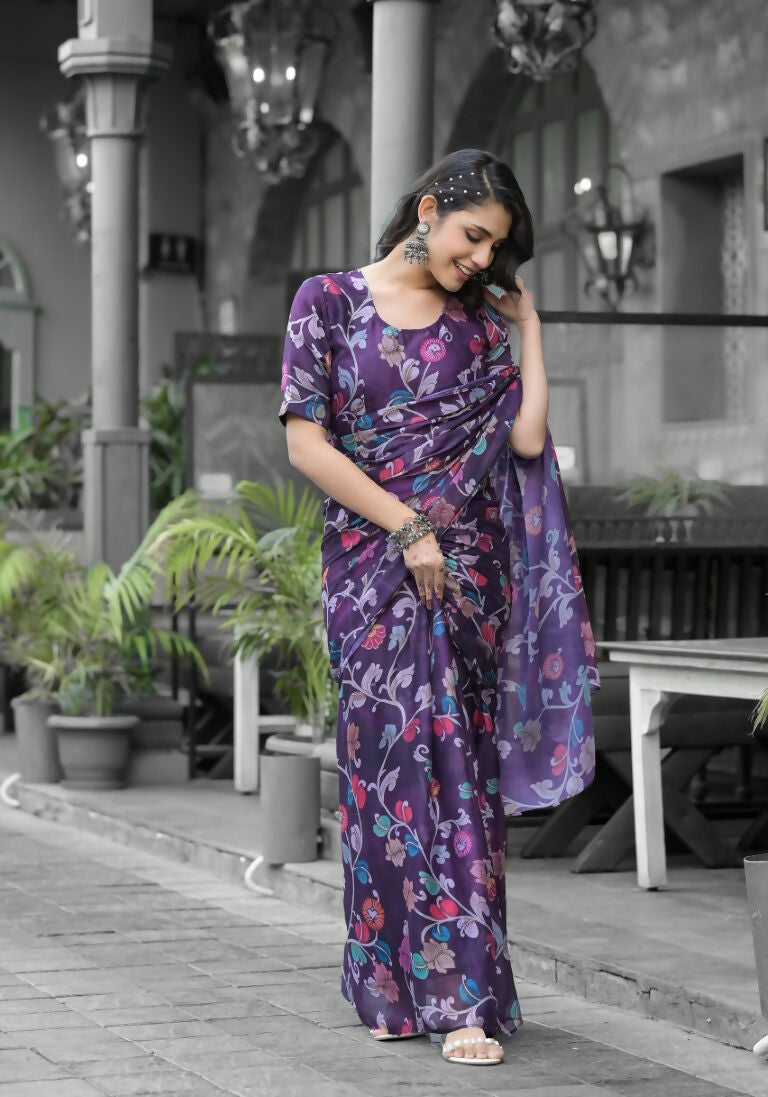 stylish Casual Purple Imported georgette Ready to Wear Fancy Saree - Ashwini