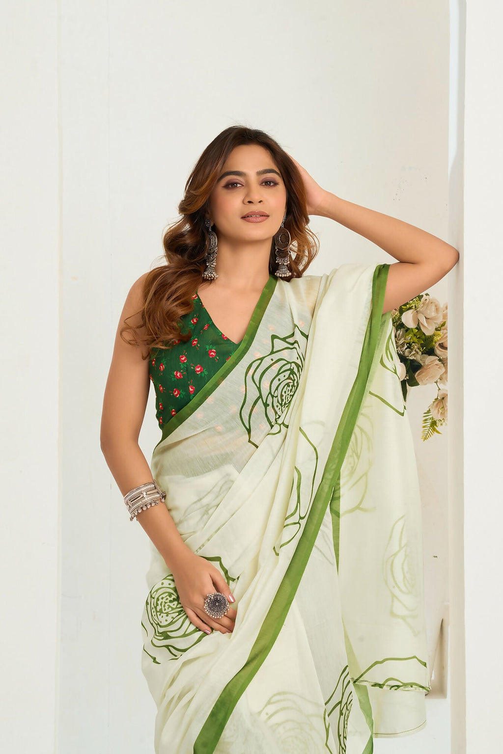 Vastranavya Green Digital Printed Linen Ready To Wear Designer Saree with Unstitched Blouse