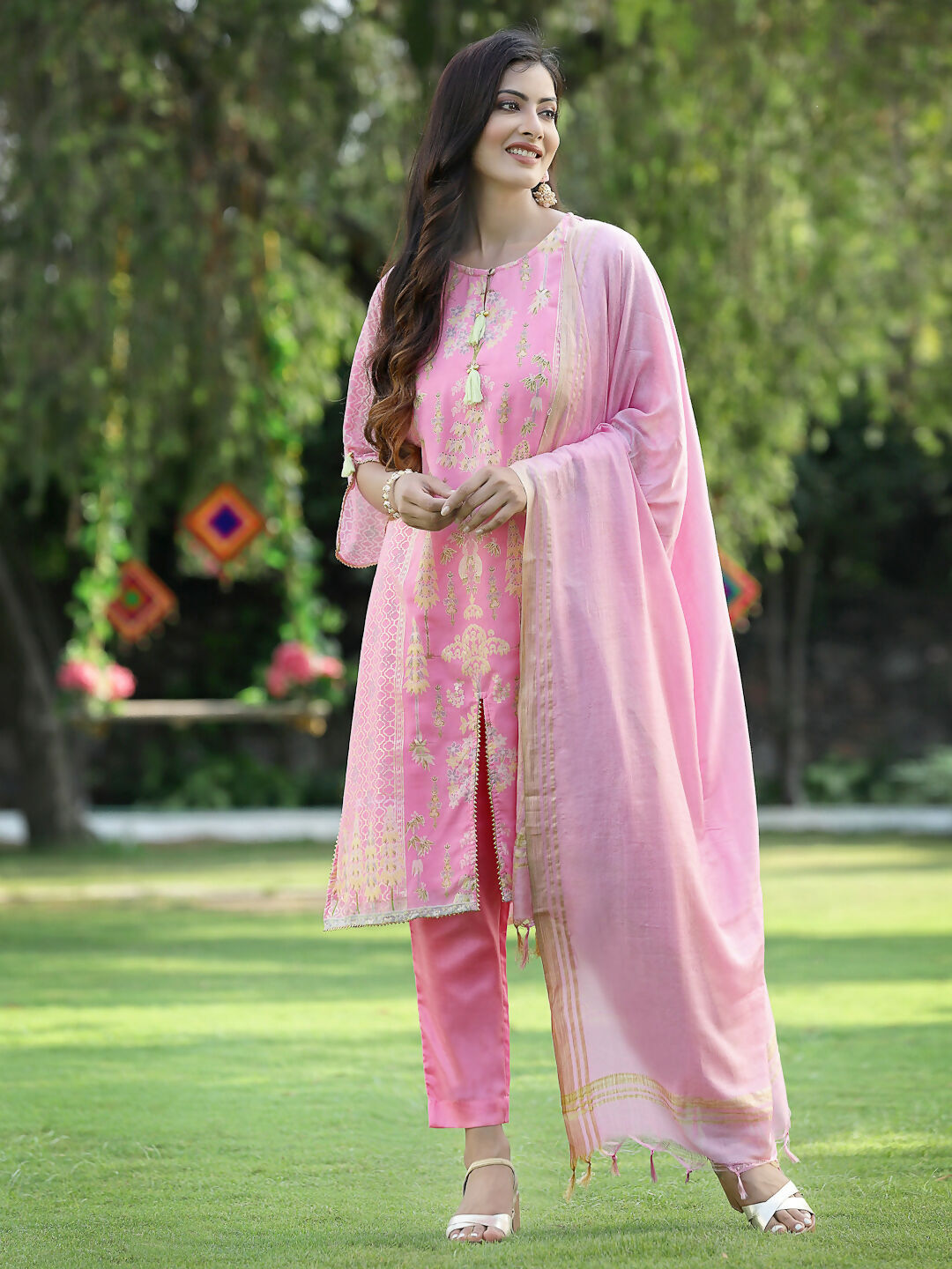 Juniper Pink Ethnic Motif Printed Georgette Kurta Pants & Dupatta Set With Tassels & Lace
