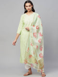 Myshka Green Embroidered 3/4 Sleeve V Neck Kurta Pant Dupatta Set