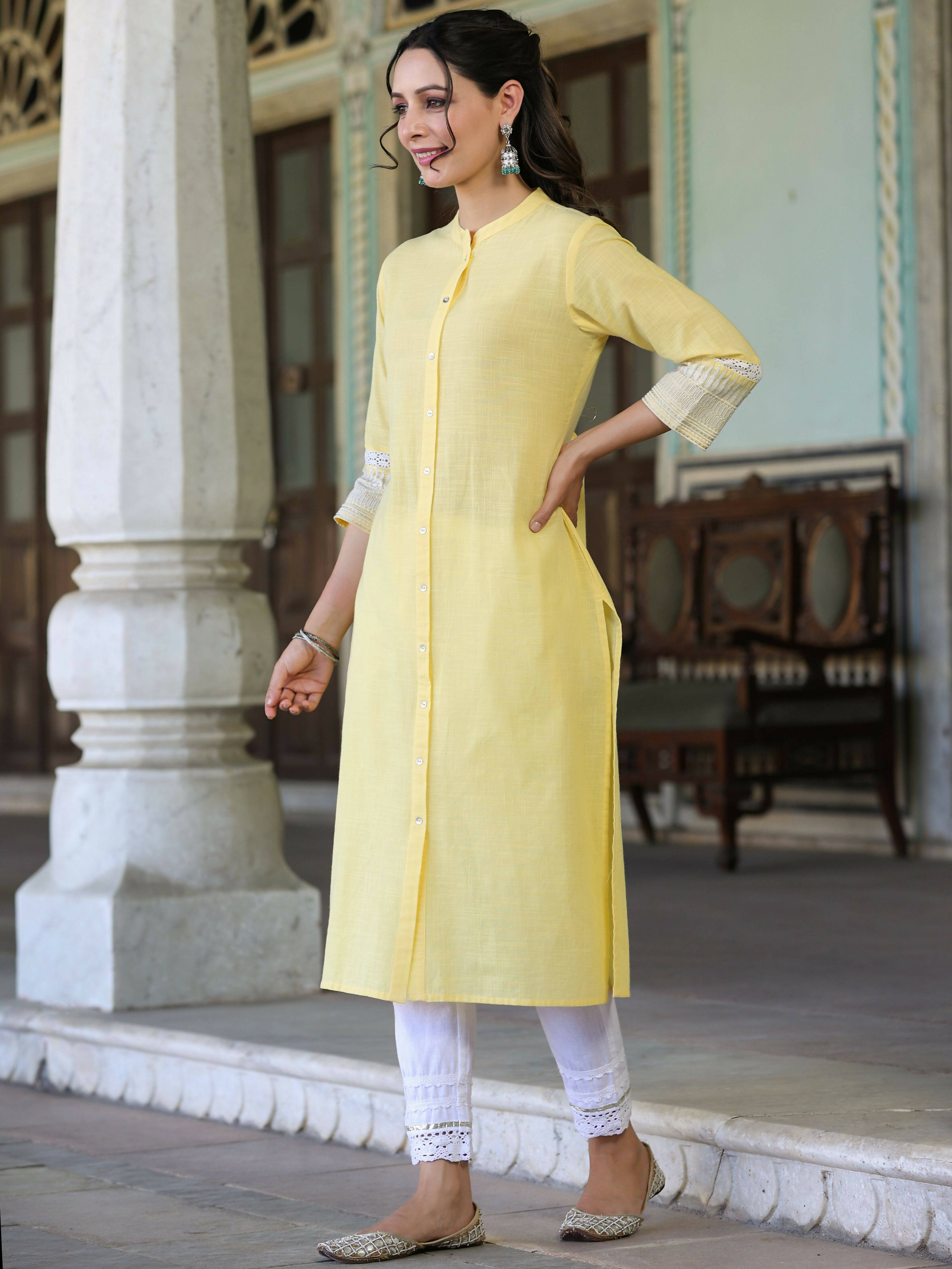 Juniper Women's Yellow Cotton Slub Embroidered Straight Kurta