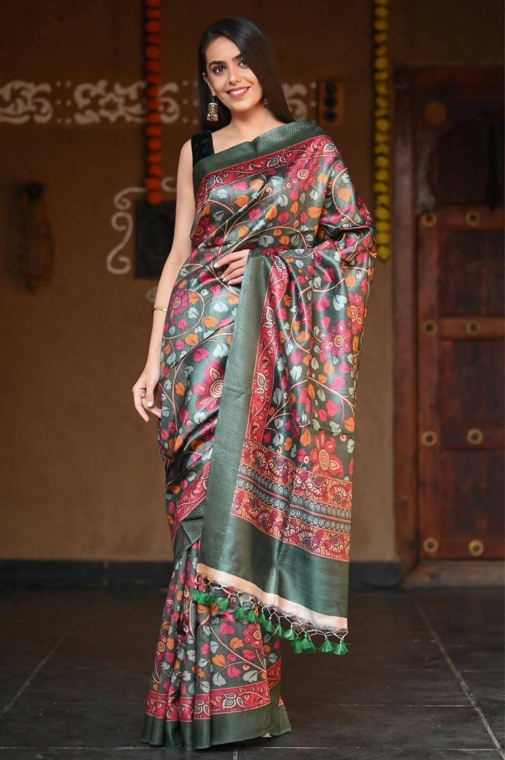 Very Much Indian Handloom Pure Tussar Silk With Floral Prints - Green