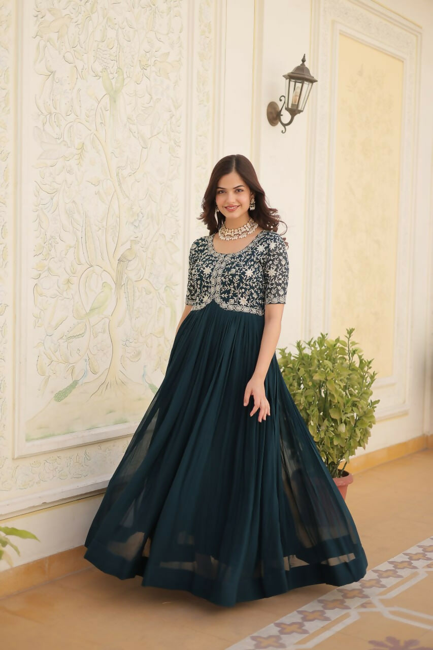 Vastranavya Faux Blooming with Embroidery Zari Sequins-work Gown - Teal