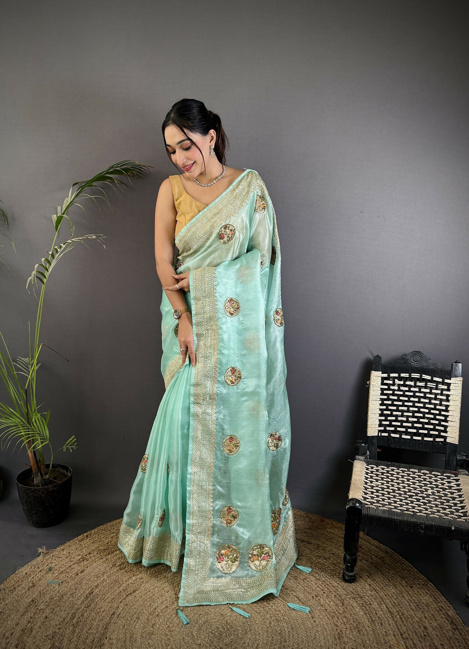 Joban Fashion Sky Blue Handloom Banarasi Organza Silk Khatali Butta Work Saree