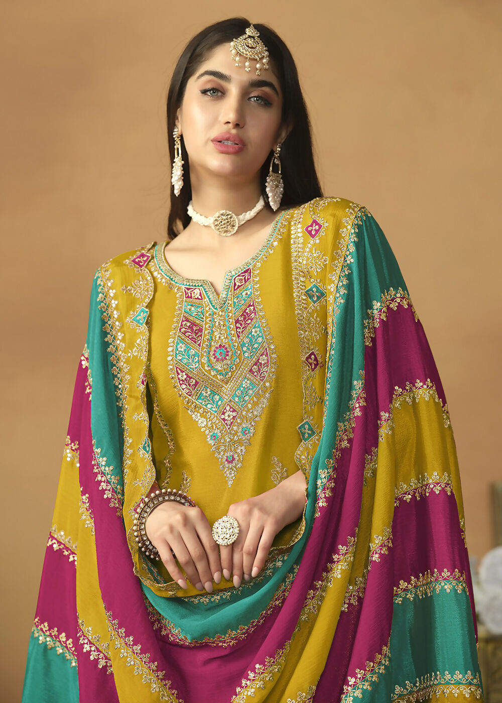 Chinnon Silk Yellow Salwar Suit with Multicolor Dupatta - Emponline