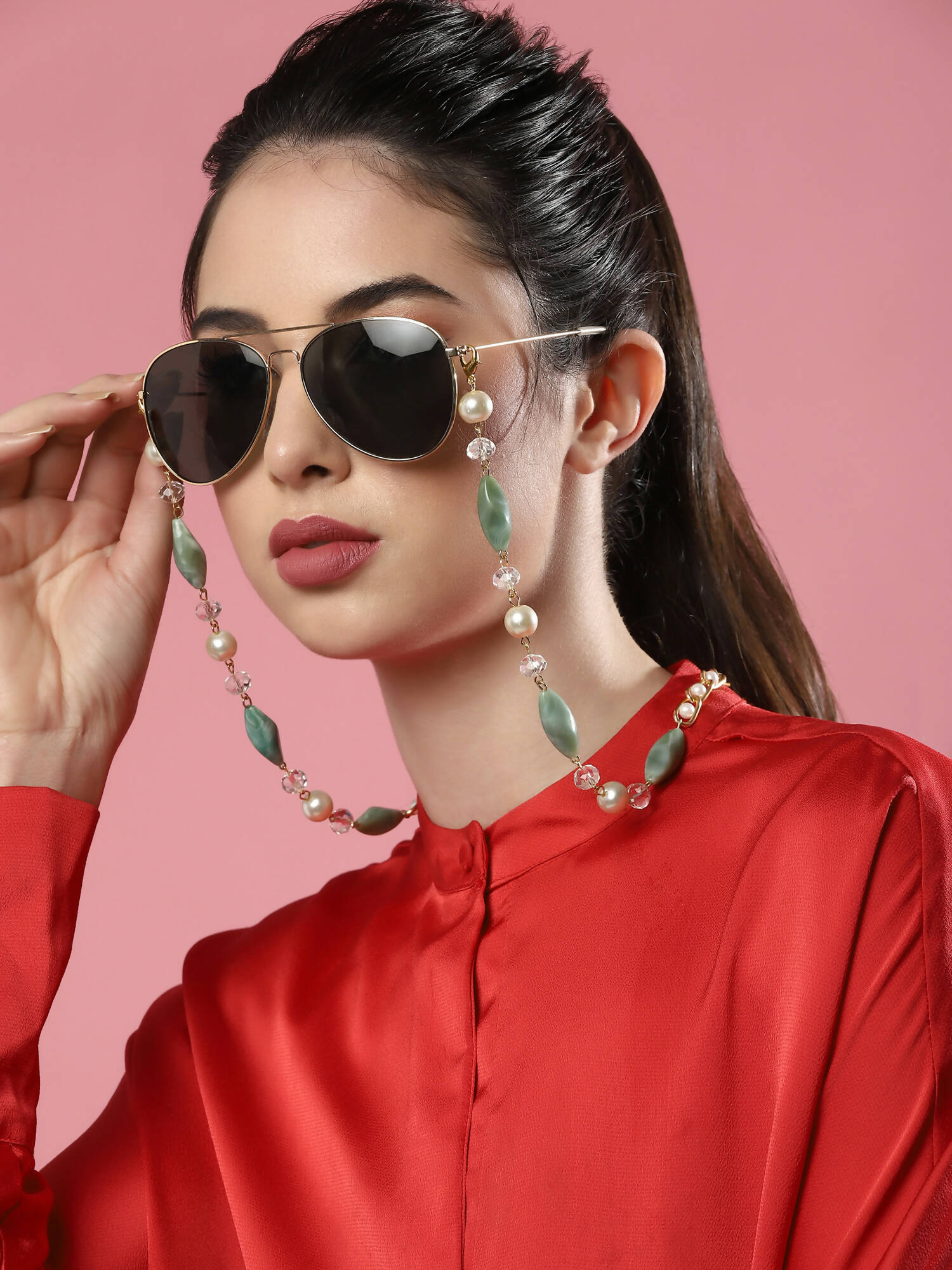 Gold-Toned Green Beaded Mask Chain - Ruby Raang