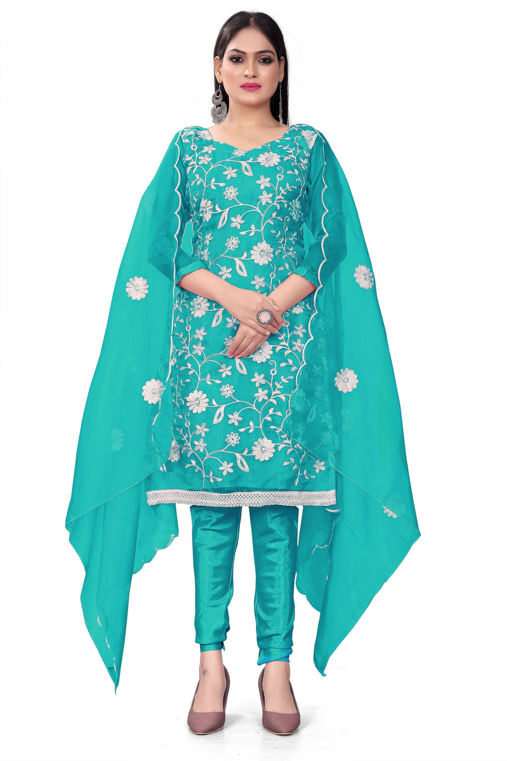 Sea Green Organza Silk Embroidered Work Unstitched Dress Material - Tanvi
