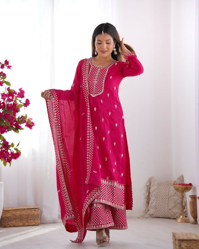 Teeya Creation Pink Color Pure Chinnon Silk Embroidery Work Functional Wear Salwar Suit