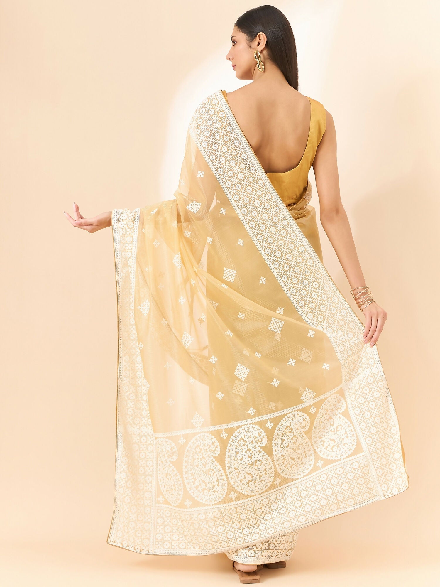 Beige Organza Geometric Embroidered Saree with Unstitched Blouse Piece - Roozal