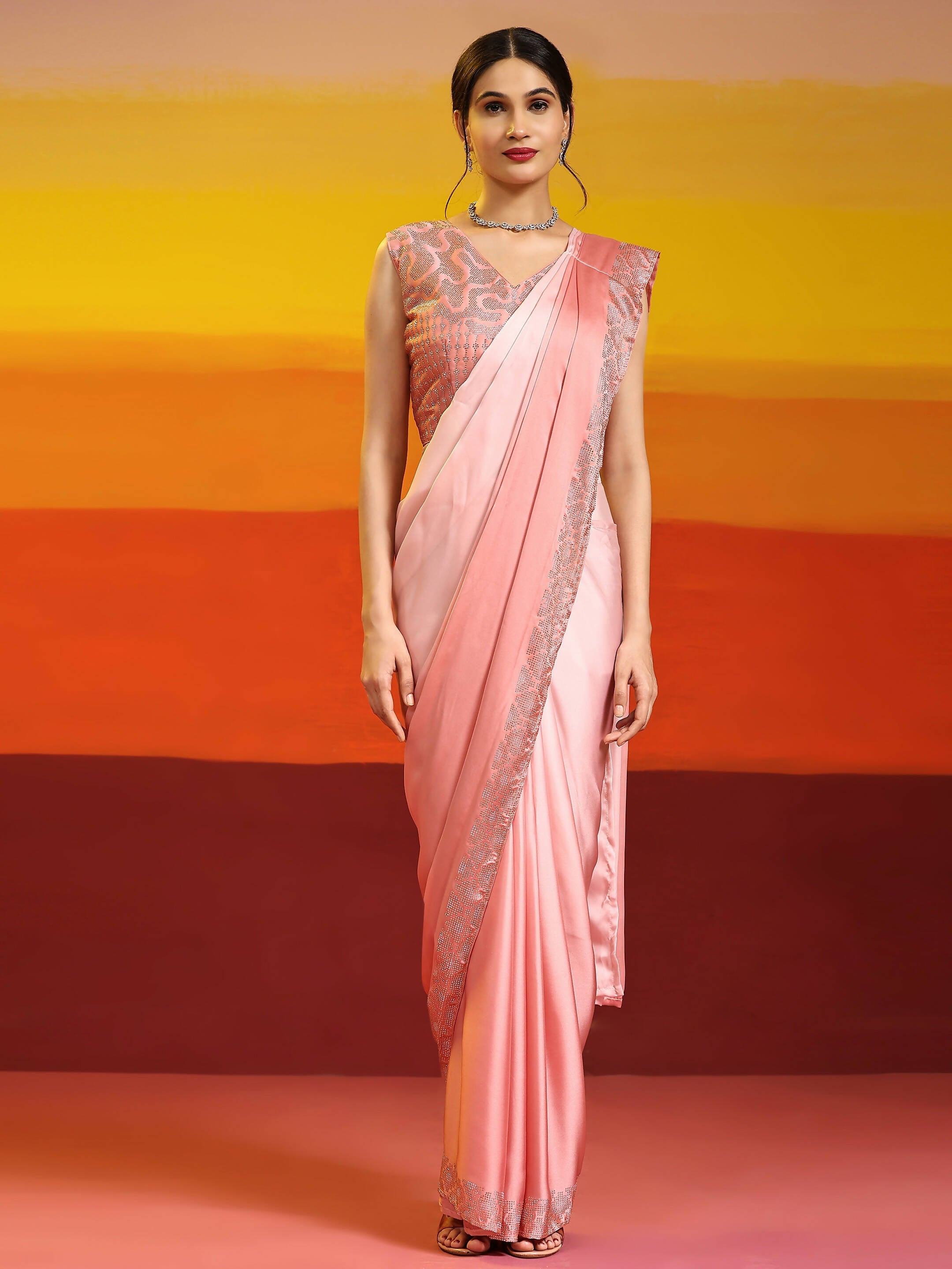 Peach Ombre Satin Georgette Plain Ready to wear Saree with stitched Blouse - Vrinda
