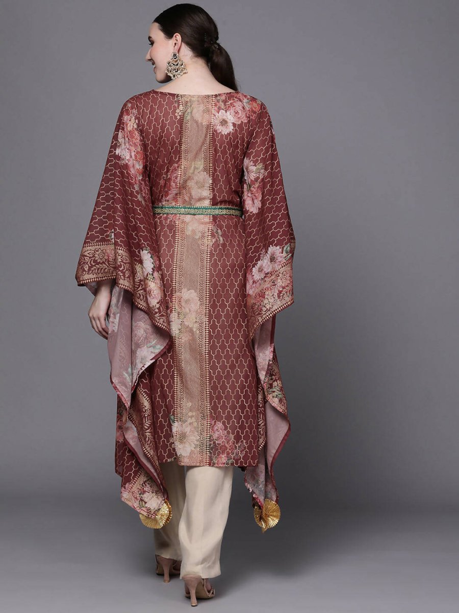Ahalyaa Women Maroon Floral Printed Flared Sleeves Kaftan Kurta