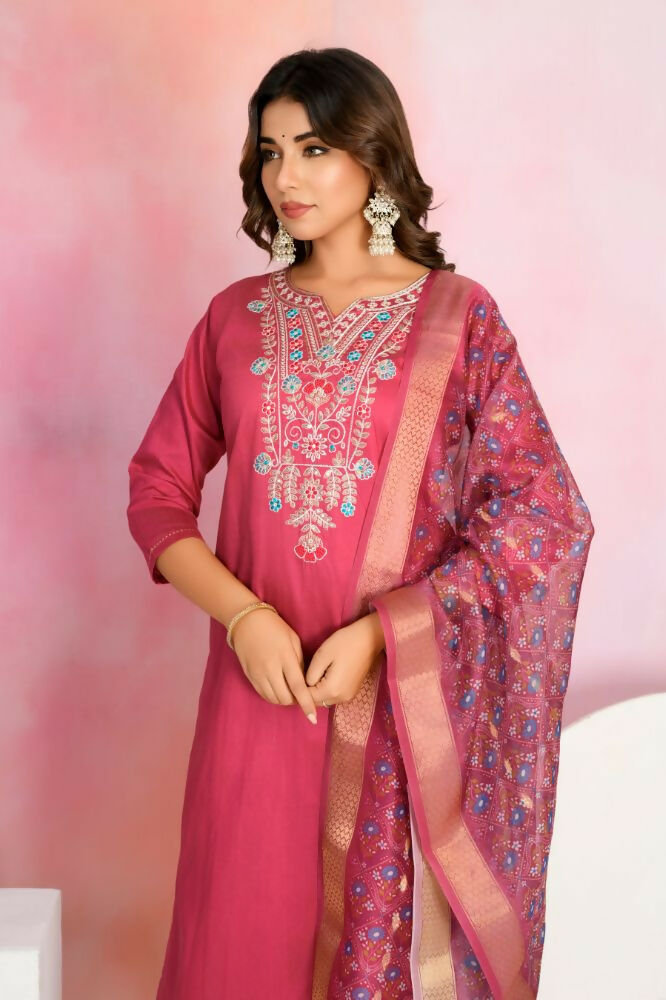 Ethnic Festive Wear Chanderi Red Stitched Suit With Dupatta - Tanisha