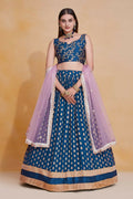 Teal Blue Zari Weaving Work Georgette Banarasi Lehenga Choli - Jihu Culture