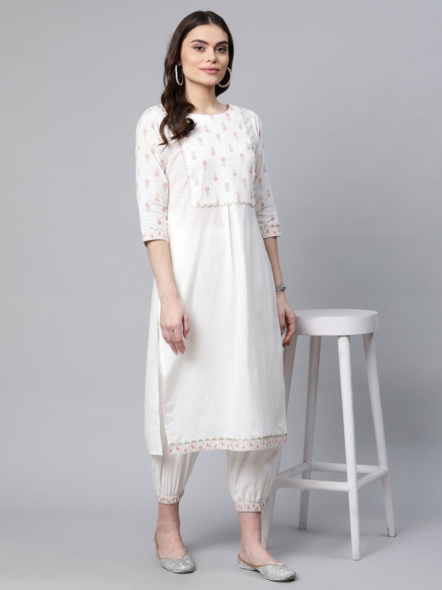 Ahalyaa Women Offwhite Pure Cotton Printed Floral Kurta With Trousers