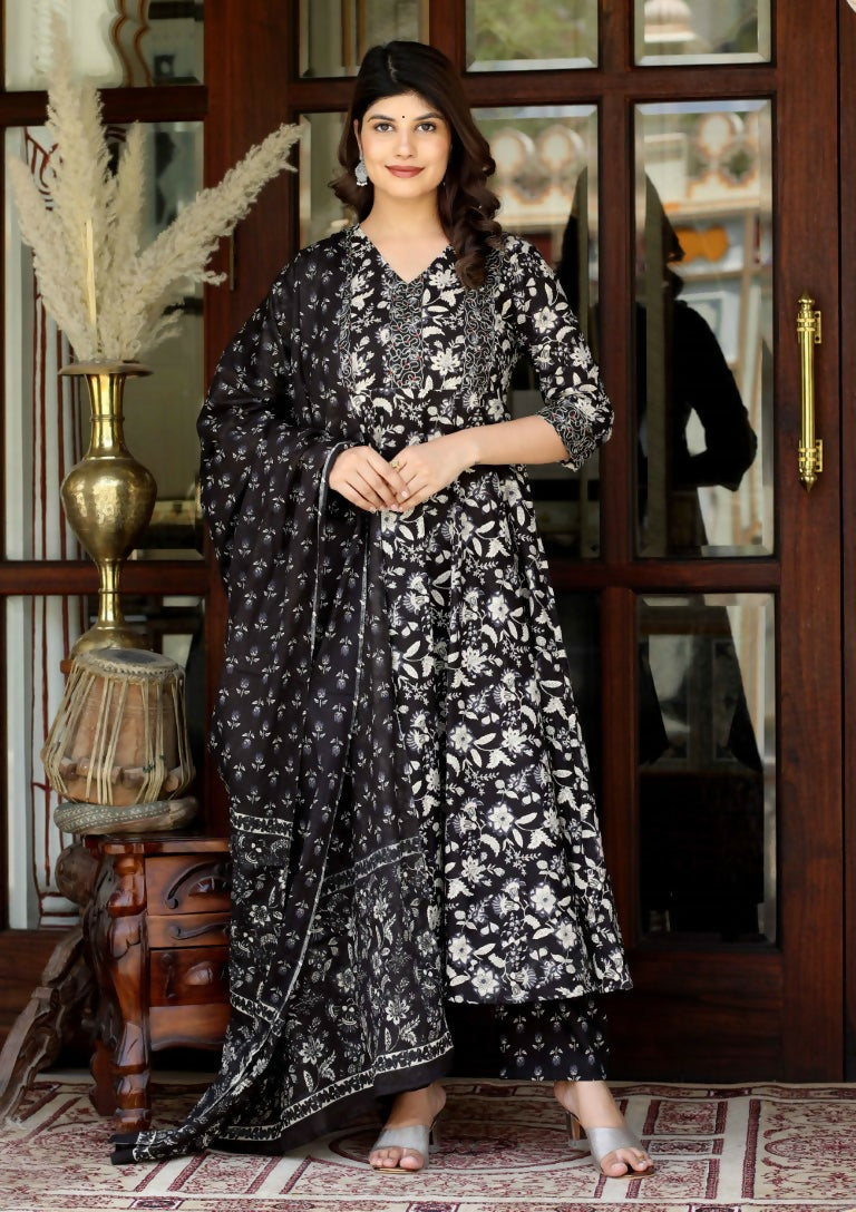 Miravan Women's Black Cotton Embroidered Attractive Anarkali Kurta And Palazzo With Dupatta Set