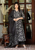 Miravan Women's Black Cotton Embroidered Attractive Anarkali Kurta And Palazzo With Dupatta Set