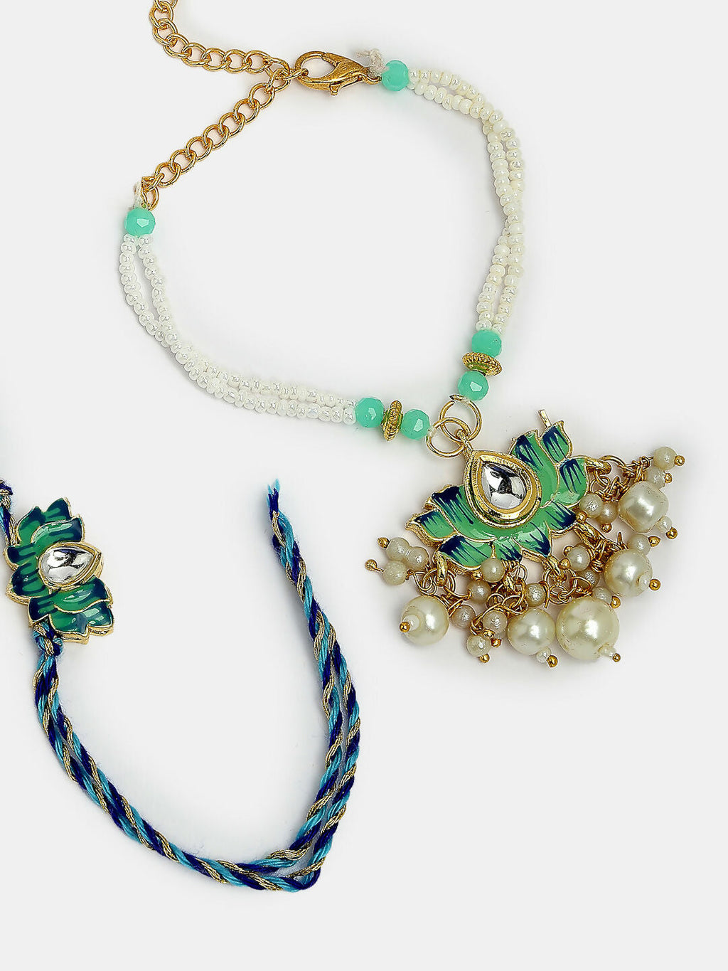 NVR Women & Men Set of 2 Turquoise Blue Lotus Shape Kundan-Studded & Beaded Handcrafted Wraparound Rakhi Set With Roli Chawal