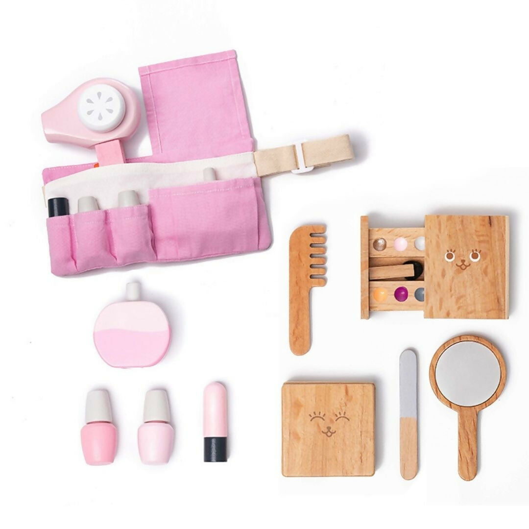 Nesta Toys Wooden Makeup Toy, Girls Salon Playset, Beauty Salon Play Set with Vanity and Accessories (12 Pcs)