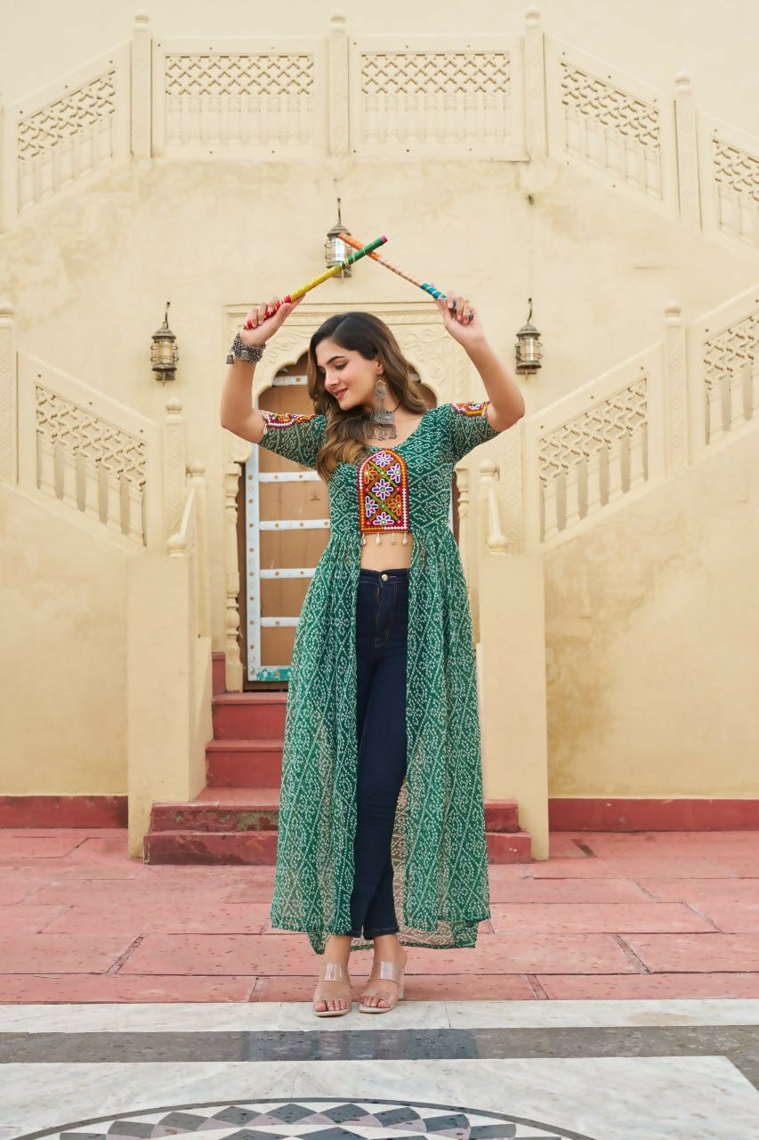 Vastranavya Green Navratri Special Kutchi Patch Work with Bandhani Printed Faux Georgette Kurti