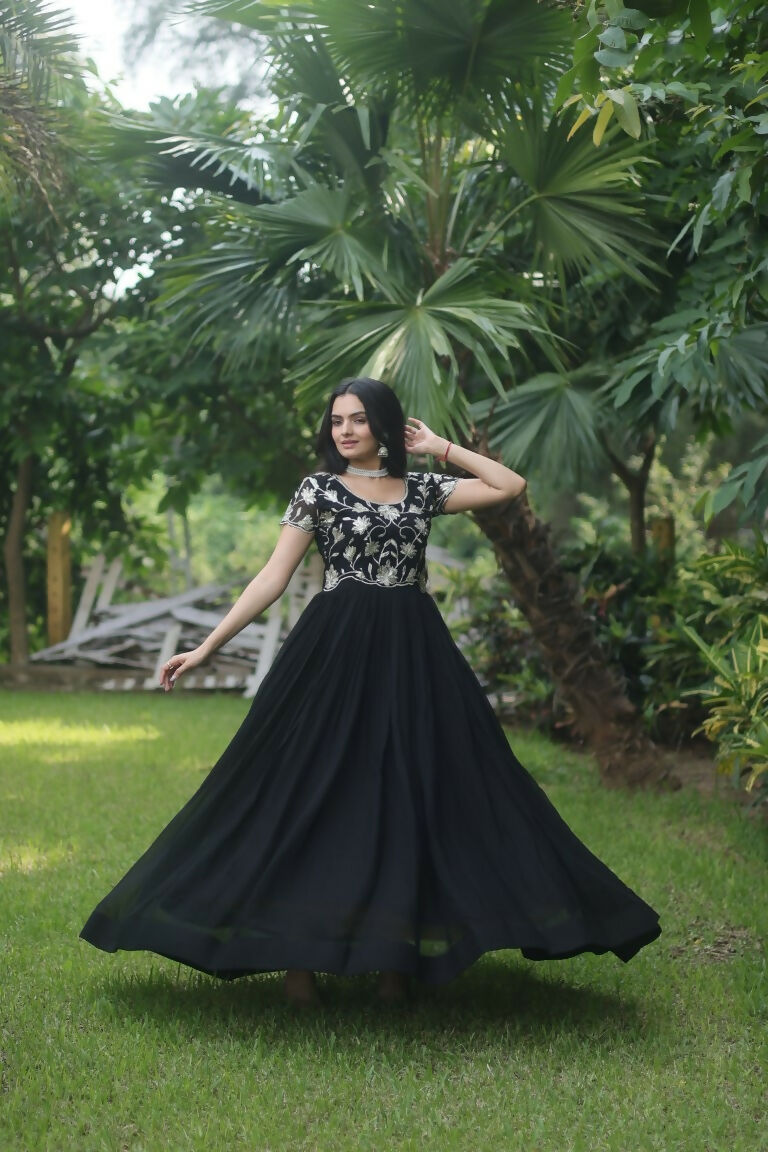 Jyoti Fashion Women's Black Sequins Embroidered Faux Georgette Anarkali Dress
