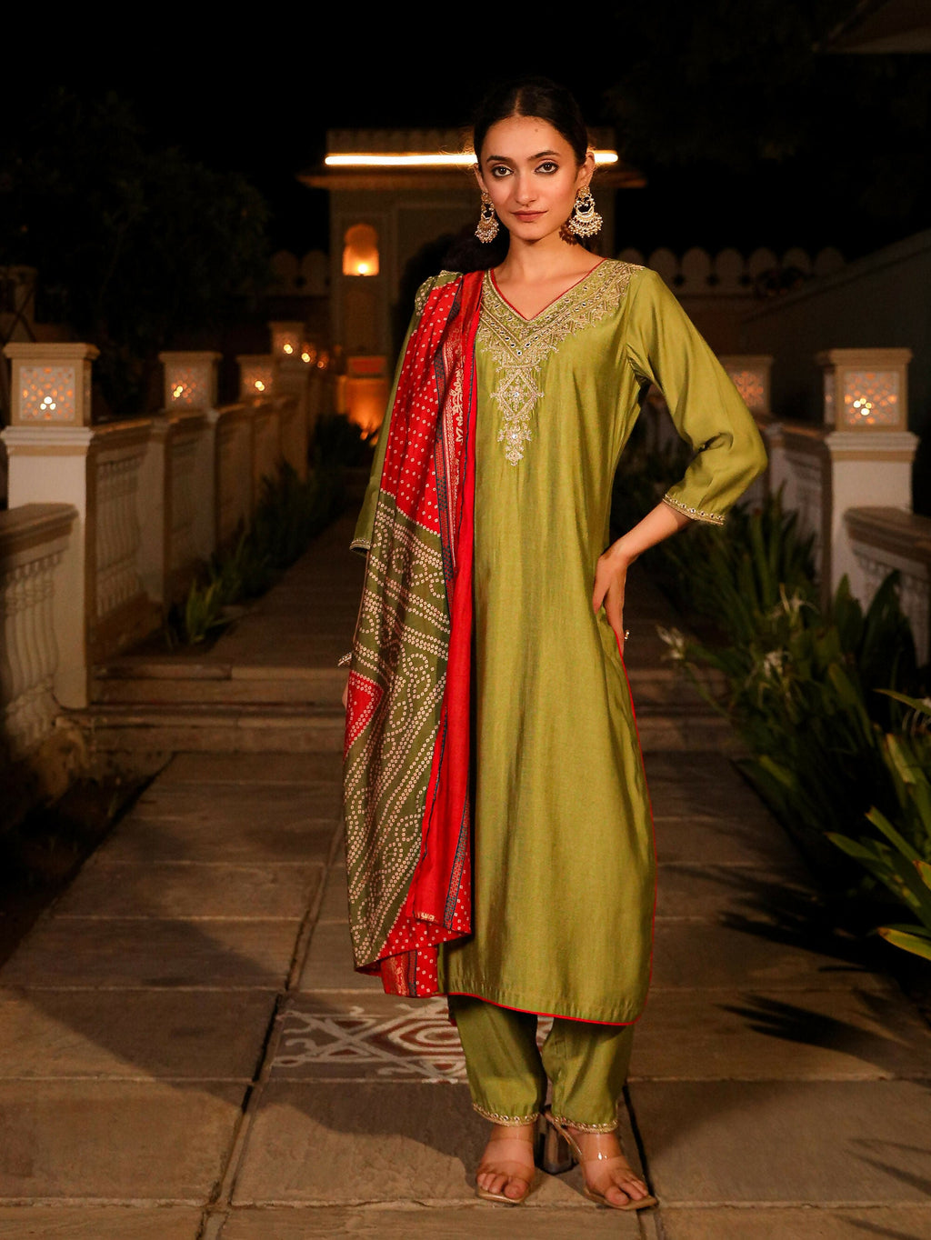 Juniper Women's The Swarn Green Zari Embroidered Viscose Kurta Pant And Dupatta With Mirror Work