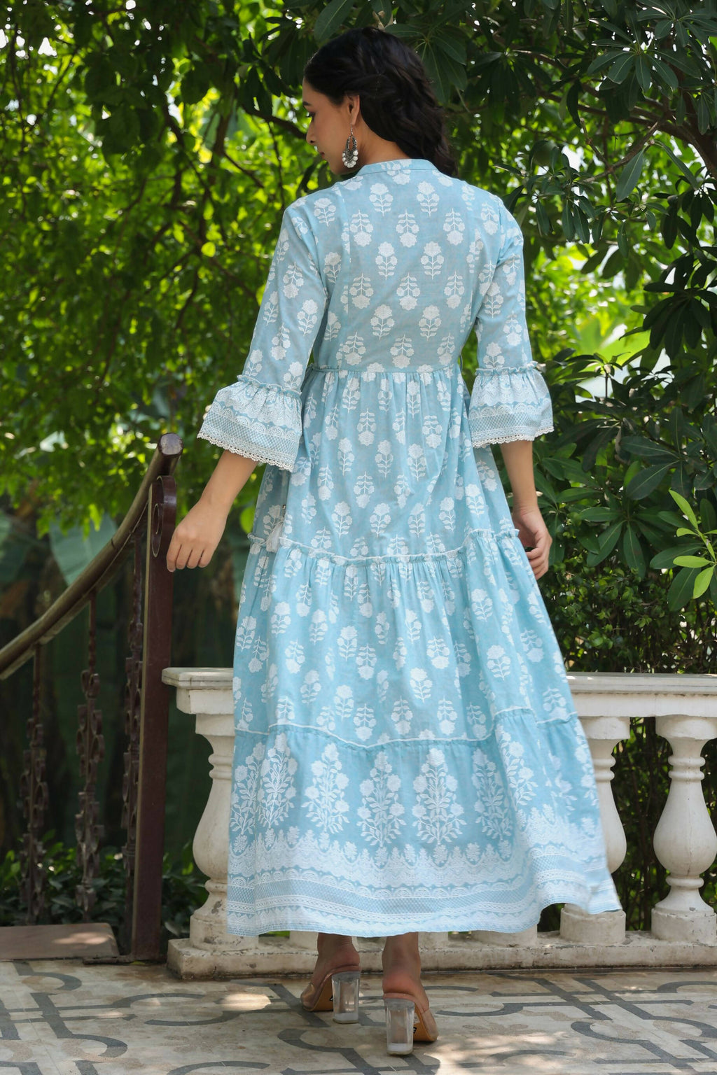 Juniper Women's Skyblue Cambric Floral Printed Maxi Tiered Dress
