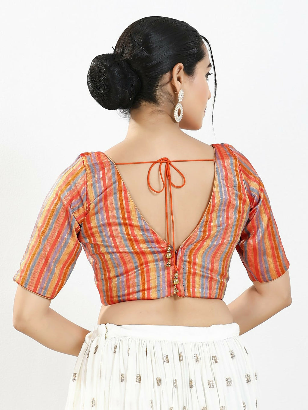 Joban Fashion Orange Multi Brocade Padded Blouse With V Neck Elbow Sleeves
